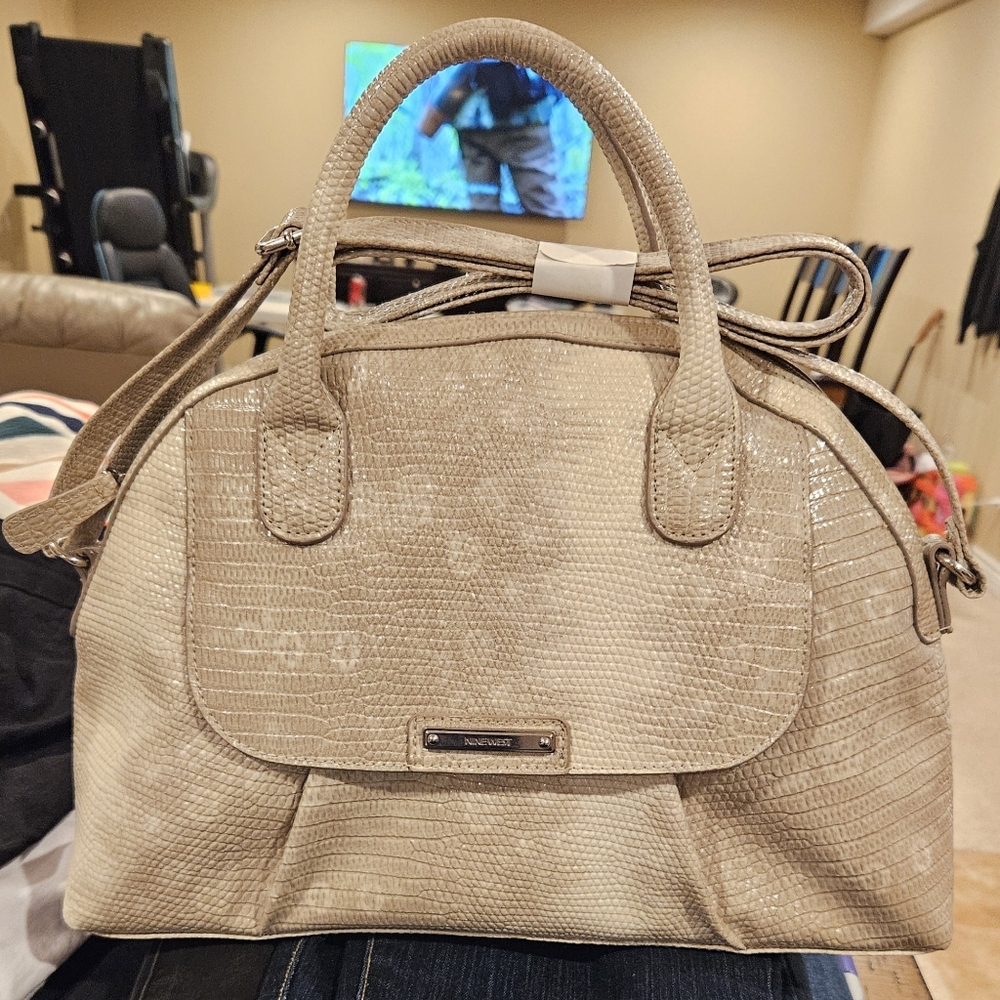 New Nine West Taupe Croc-Embossed Satchel With Cross Body Strap